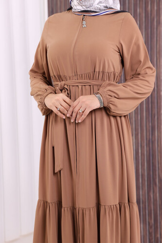 Fermuarlı Kol Manşetleri Lastikli Fırfırlı Elbise 6001 Vizon - 9