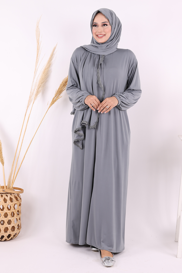 Dantel Detay Şallı Namaz Feracesi 6010 Gri - 5