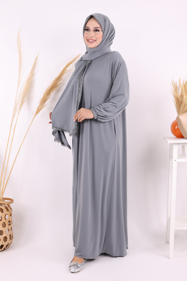 Dantel Detay Şallı Namaz Feracesi 6010 Gri - 6