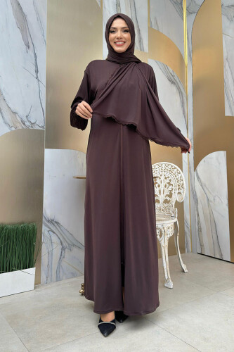 Dantel Detay Şallı Namaz Feracesi 6010 Kahverengi - Bym Fashion (1)