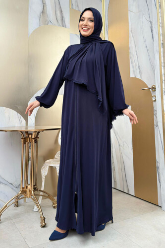 Dantel Detay Şallı Namaz Feracesi 6010 Lacivert - Bym Fashion (1)