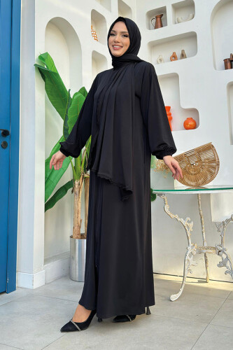 Dantel Detay Şallı Namaz Feracesi 6010 Siyah - Bym Fashion (1)