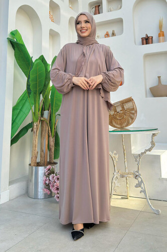 Dantel Detay Şallı Namaz Feracesi 6010 Vizon - Bym Fashion (1)