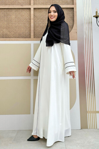 Çizgi Detaylı Boydan Fermuarlı Tam Boy Ferace 6011 Ekru - Bym Fashion (1)