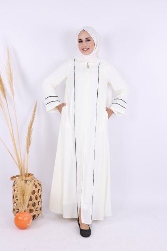 Çizgi Detaylı Boydan Fermuarlı Tam Boy Ferace 6011 Ekru - 6