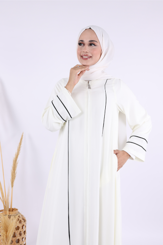 Çizgi Detaylı Boydan Fermuarlı Tam Boy Ferace 6011 Ekru - 9