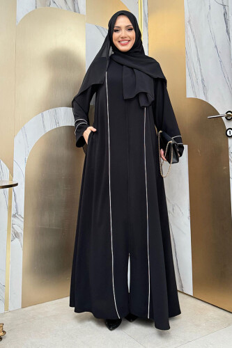 Çizgi Detaylı Boydan Fermuarlı Tam Boy Ferace 6011 Siyah - Bym Fashion