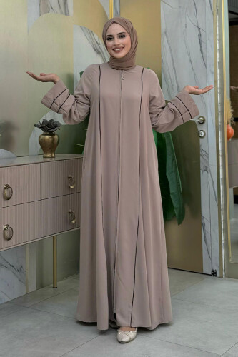 Çizgi Detaylı Boydan Fermuarlı Tam Boy Ferace 6011 Vizon - Bym Fashion (1)