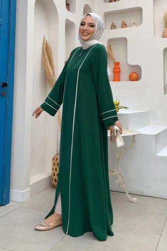 Çizgi Detaylı Boydan Fermuarlı Tam Boy Ferace 6011 Zümrüt - Bym Fashion (1)