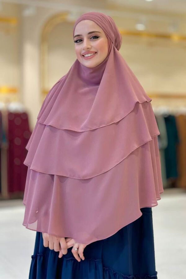 Peçeli 3 Katlı Şifon Sufle Şal 6012 Gül Kurusu - 4