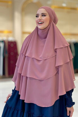 Peçeli 3 Katlı Şifon Sufle Şal 6012 Gül Kurusu - 5