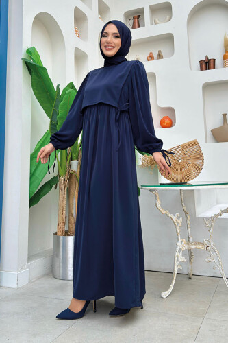 Çift Katlı Bağlama Detay Elbise 6003 Lacivert - Bym Fashion (1)