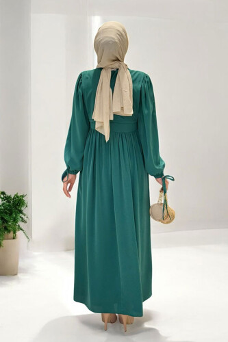 Çift Katlı Bağlama Detay Elbise 6003 Zümrüt - Bym Fashion (1)