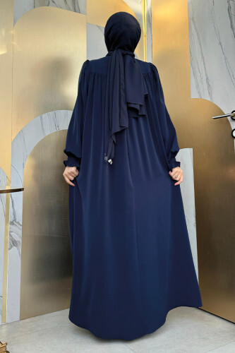 Kol Manşetleri Büzgülü Elbise 6004 Lacivert - Bym Fashion (1)