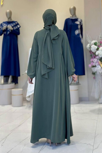 Oval Büzgülü Kol Manşetleri Lastikli Fermuarlı Tam Boy Ferace 6005 Haki - Bym Fashion (1)