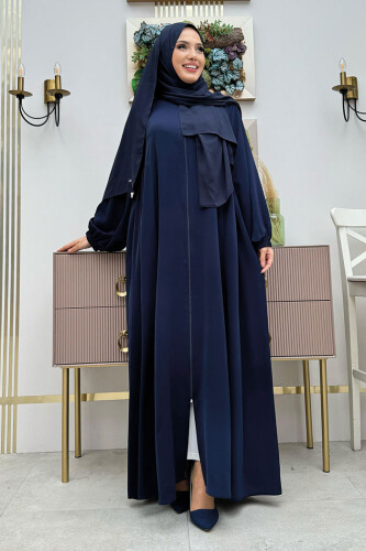 Oval Büzgülü Kol Manşetleri Lastikli Fermuarlı Tam Boy Ferace 6005 Lacivert - Bym Fashion