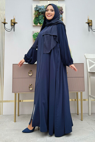 Oval Büzgülü Kol Manşetleri Lastikli Fermuarlı Tam Boy Ferace 6005 Lacivert - Bym Fashion (1)