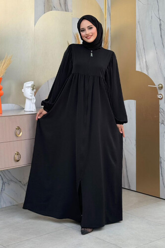 Oval Büzgülü Kol Manşetleri Lastikli Fermuarlı Tam Boy Ferace 6005 Siyah - Bym Fashion