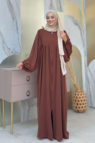 Kol Büzgü Detay Fermuarlı Salaş Ferace 6006 Kahverengi - Bym Fashion