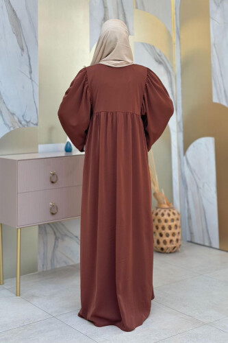 Kol Büzgü Detay Fermuarlı Salaş Ferace 6006 Kahverengi - Bym Fashion (1)