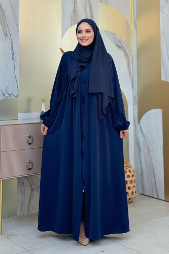 Kol Büzgü Detay Fermuarlı Salaş Ferace 6006 Lacivert - Bym Fashion