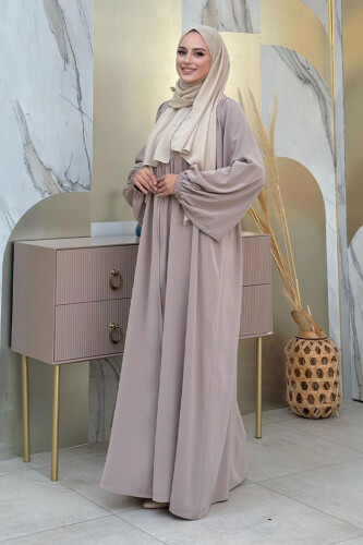 Kol Büzgü Detay Fermuarlı Salaş Ferace 6006 Vizon - Bym Fashion (1)