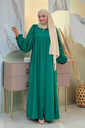Kol Büzgü Detay Fermuarlı Salaş Ferace 6006 Zümrüt - Bym Fashion