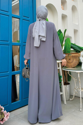 Fermuarlı Kol Manşetleri Büzgülü Mevlana Ferace 6007 Gri - Bym Fashion (1)