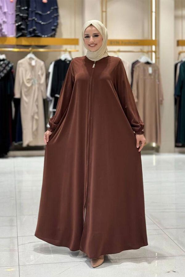 Fermuarlı Kol Manşetleri Büzgülü Mevlana Ferace 6007 Kahverengi - 5