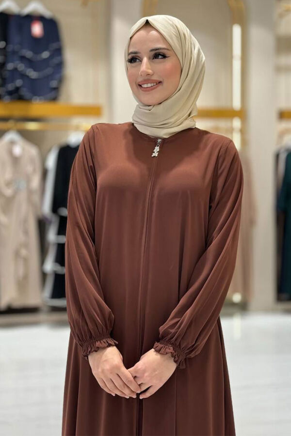 Fermuarlı Kol Manşetleri Büzgülü Mevlana Ferace 6007 Kahverengi - 8