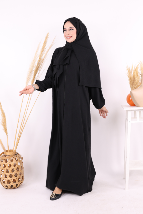 Fermuarlı Kol Manşetleri Büzgülü Mevlana Ferace 6007 Siyah - 6