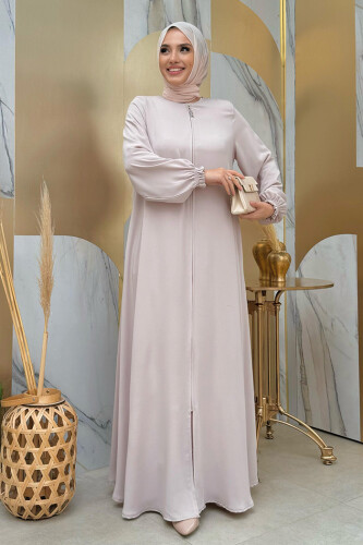 Fermuarlı Kol Manşetleri Büzgülü Mevlana Ferace 6007 Taş - Bym Fashion