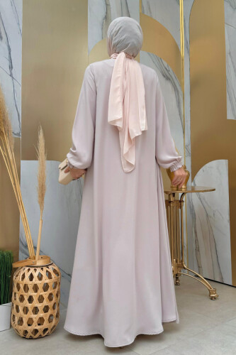 Fermuarlı Kol Manşetleri Büzgülü Mevlana Ferace 6007 Taş - Bym Fashion (1)