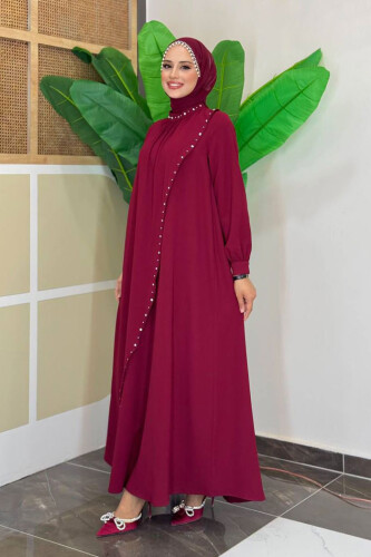 Çapraz Parça Görünümlü İncili Büyük Beden Elbise 3879-1 Bordo - Bym Fashion (1)