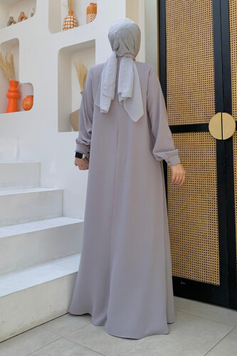 Çapraz Parça Görünümlü İncili Büyük Beden Elbise 3879-1 Gri - Bym Fashion (1)