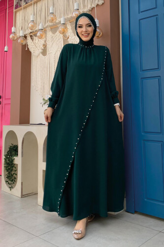 Çapraz Parça Görünümlü İncili Büyük Beden Elbise 3879-1 Zümrüt - Bym Fashion