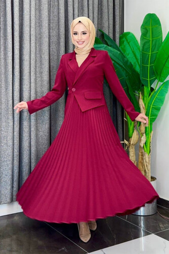 Ceket Görünümlü Eteği Piliseli Elbise 3700 Bordo - Bym Fashion