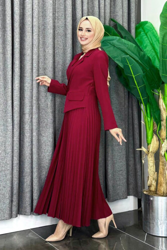 Ceket Görünümlü Eteği Piliseli Elbise 3700 Bordo - Bym Fashion (1)