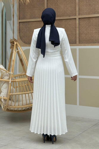 Ceket Görünümlü Eteği Piliseli Elbise 3700 Ekru - Bym Fashion (1)