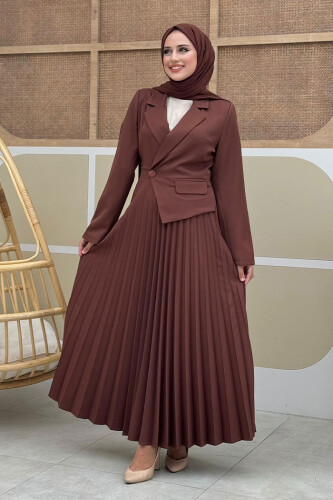 Ceket Görünümlü Eteği Piliseli Elbise 3700 Kahverengi - Bym Fashion