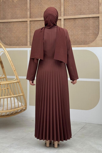 Ceket Görünümlü Eteği Piliseli Elbise 3700 Kahverengi - Bym Fashion (1)