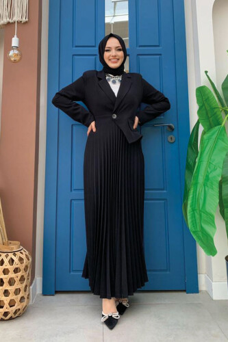 Jacket Look Skirt Pleated Dress 3700 Black - Bym Fashion
