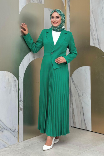 Jacket Look Skirt Pleated Dress 3700 Emerald - Bym Fashion