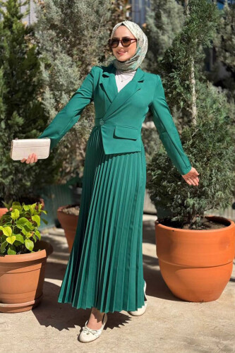 Ceket Görünümlü Eteği Piliseli Elbise 3700 Zümrüt - 7