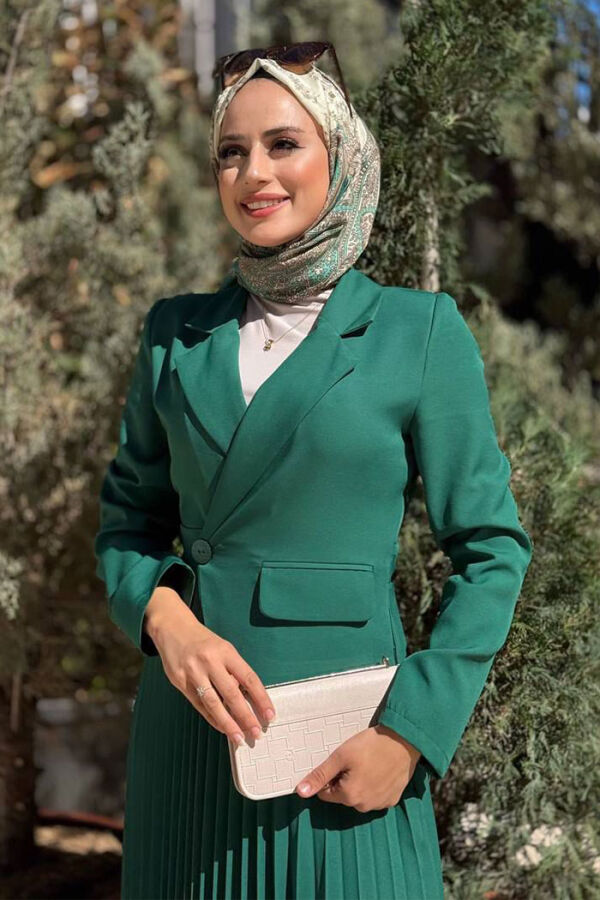 Ceket Görünümlü Eteği Piliseli Elbise 3700 Zümrüt - 8