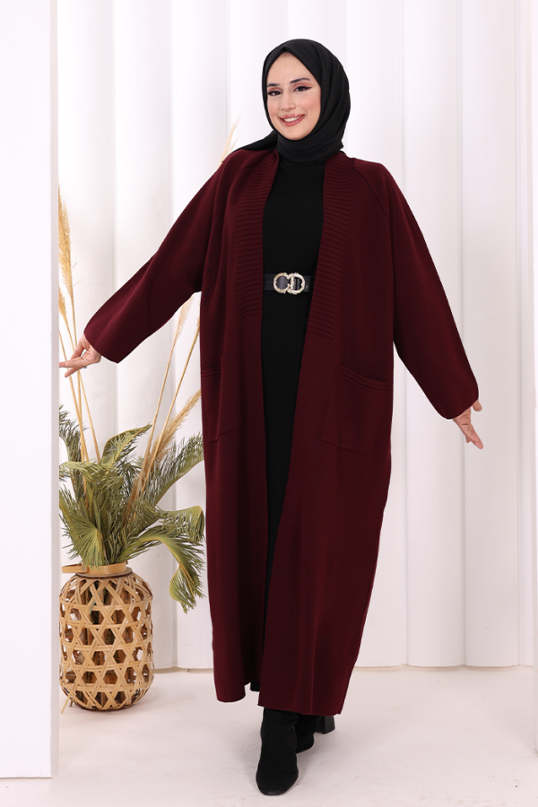 Cep Detaylı Triko Hırka 18313 Mürdüm - 3