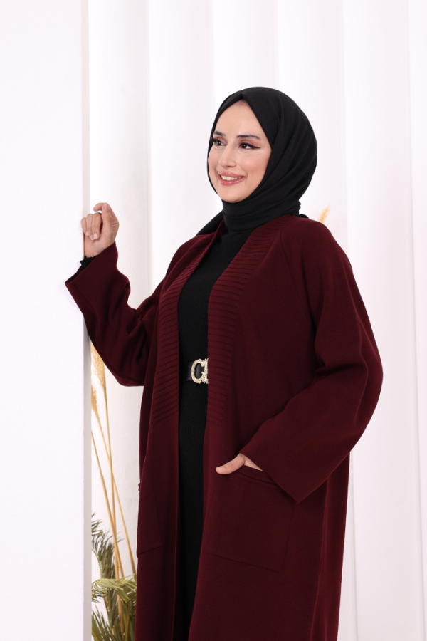 Cep Detaylı Triko Hırka 18313 Mürdüm - 6