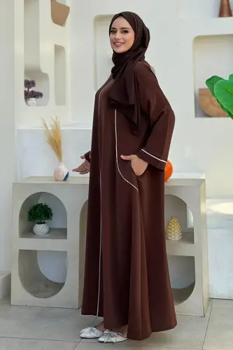 Cepli Şerit Detaylı Elbise 6018 Kahverengi - Bym Fashion (1)