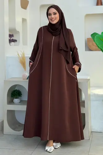 Cepli Şerit Detaylı Elbise 6018 Kahverengi - 1