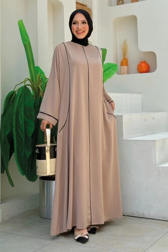 Cepli Şerit Detaylı Elbise 6018 Vizon - Bym Fashion (1)